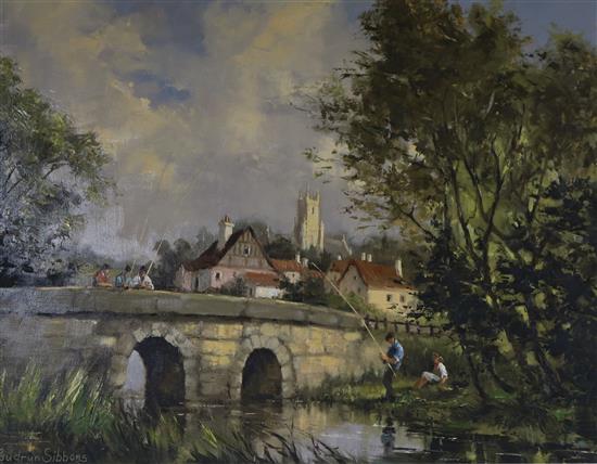 Gudrun Sibbons, oil on board, anglers beside a bridge, signed 39 x 49cm